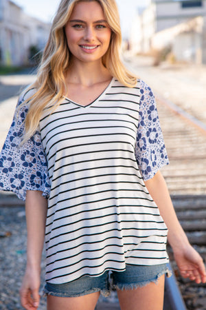 Navy Stripe & Floral Burn Out Lace Flutter Sleeve Top