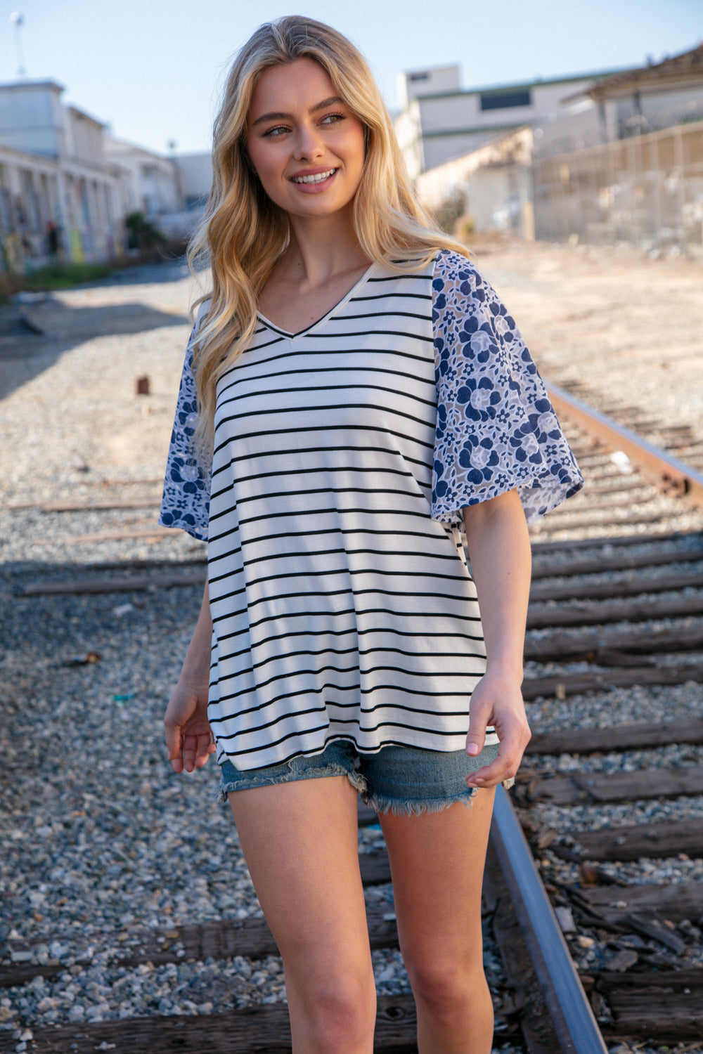 Navy Stripe & Floral Burn Out Lace Flutter Sleeve Top