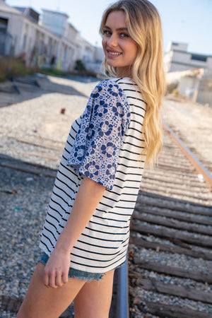 Navy Stripe & Floral Burn Out Lace Flutter Sleeve Top