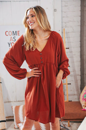 Rust V Neck Raglan Button Detail Bubble Crepe Dress