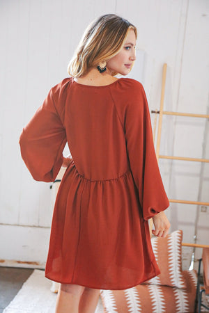 Rust V Neck Raglan Button Detail Bubble Crepe Dress