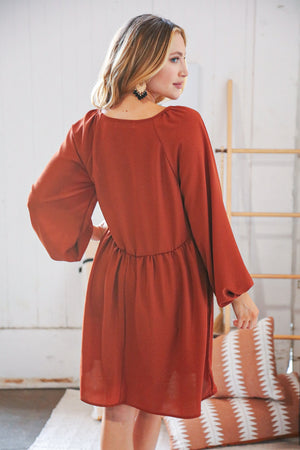 Rust V Neck Raglan Button Detail Bubble Crepe Dress