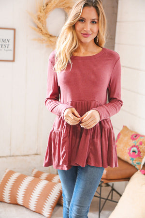 Mauve Hacci Ribbed Tiered Babydoll Top