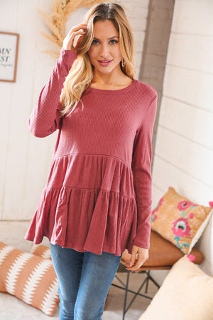 Mauve Hacci Ribbed Tiered Babydoll Top