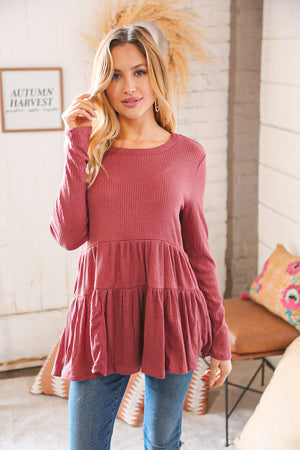 Mauve Hacci Ribbed Tiered Babydoll Top