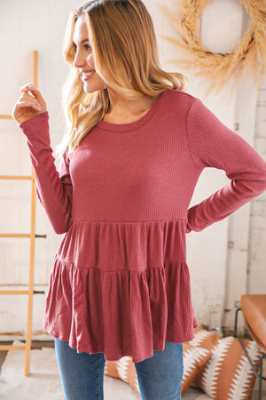 Mauve Hacci Ribbed Tiered Babydoll Top