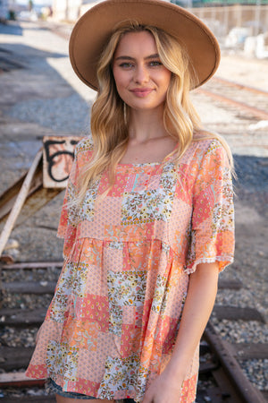 Peach Boho Floral Square Neck Flutter Sleeve Top