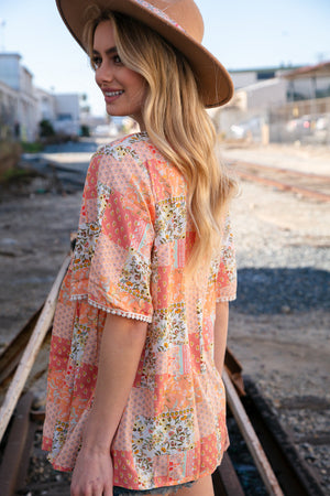 Peach Boho Floral Square Neck Flutter Sleeve Top