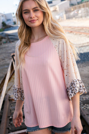 Blush Rib Eyelet Leopard Print Ruffle Bell Sleeve Top