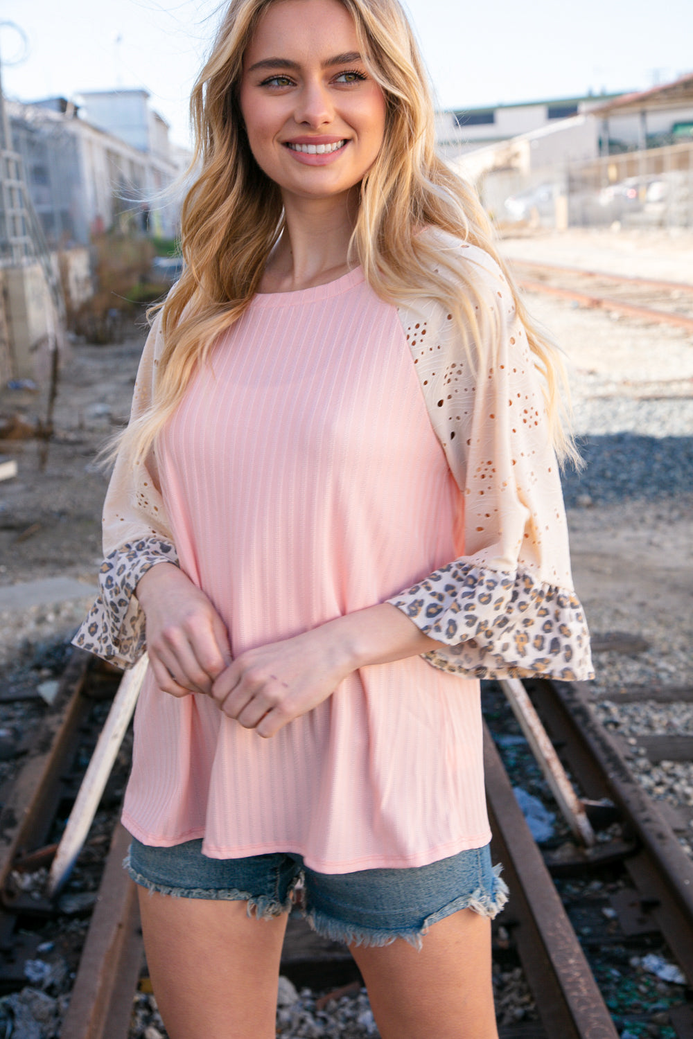 Blush Rib Eyelet Leopard Print Ruffle Bell Sleeve Top