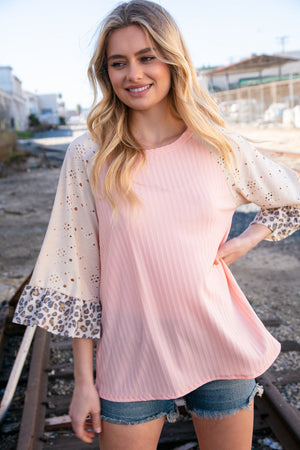 Blush Rib Eyelet Leopard Print Ruffle Bell Sleeve Top