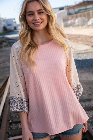 Blush Rib Eyelet Leopard Print Ruffle Bell Sleeve Top