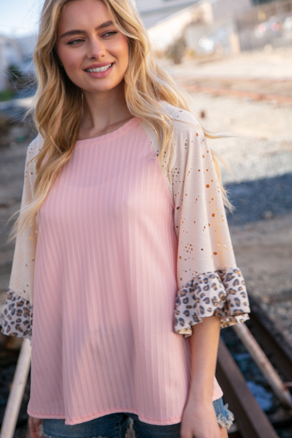 Blush Rib Eyelet Leopard Print Ruffle Bell Sleeve Top