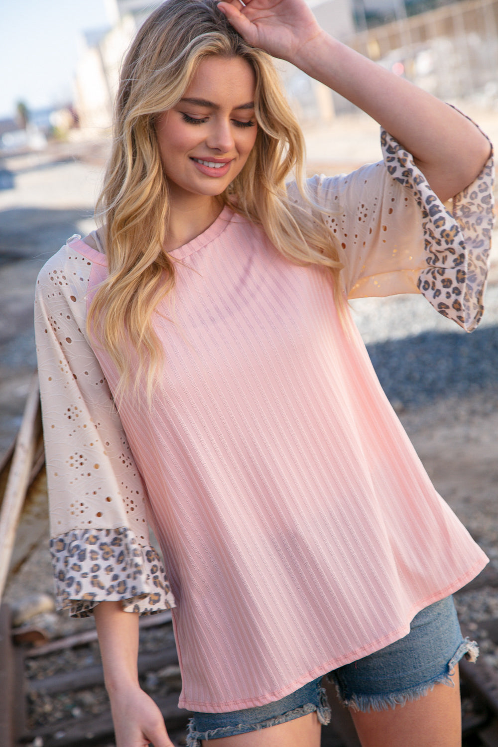 Blush Rib Eyelet Leopard Print Ruffle Bell Sleeve Top