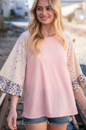 Blush Rib Eyelet Leopard Print Ruffle Bell Sleeve Top