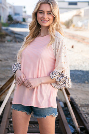 Blush Rib Eyelet Leopard Print Ruffle Bell Sleeve Top