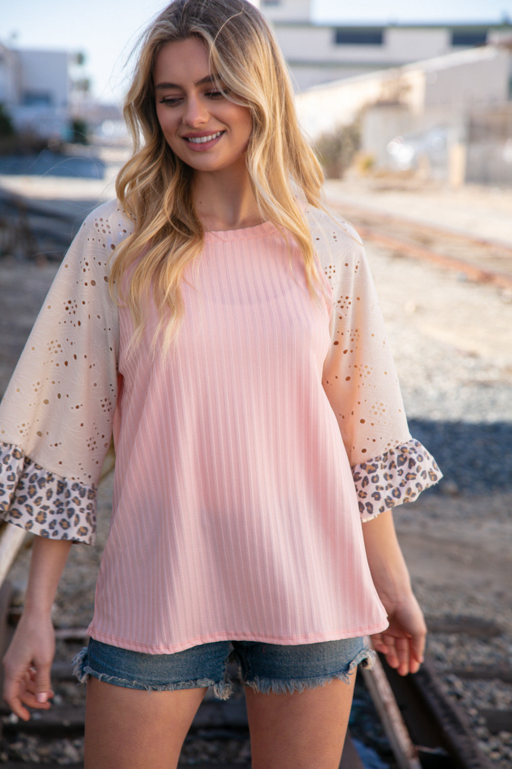 Blush Rib Eyelet Leopard Print Ruffle Bell Sleeve Top