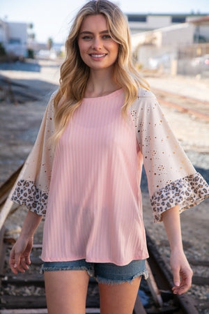 Blush Rib Eyelet Leopard Print Ruffle Bell Sleeve Top