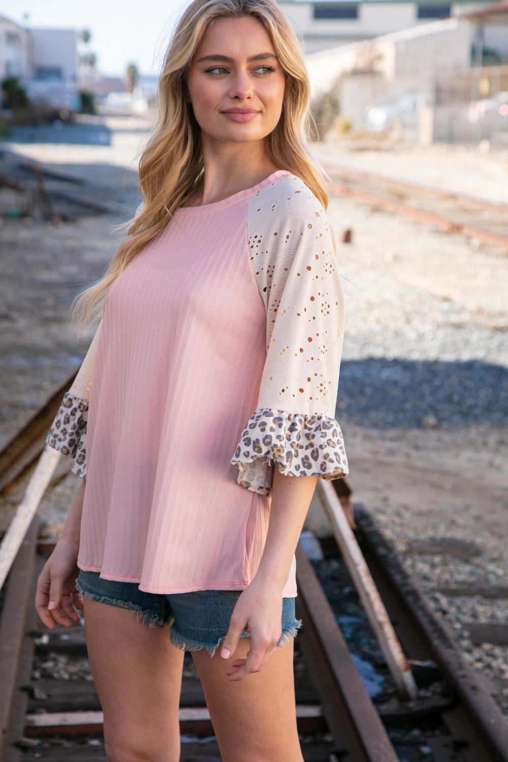 Blush Rib Eyelet Leopard Print Ruffle Bell Sleeve Top