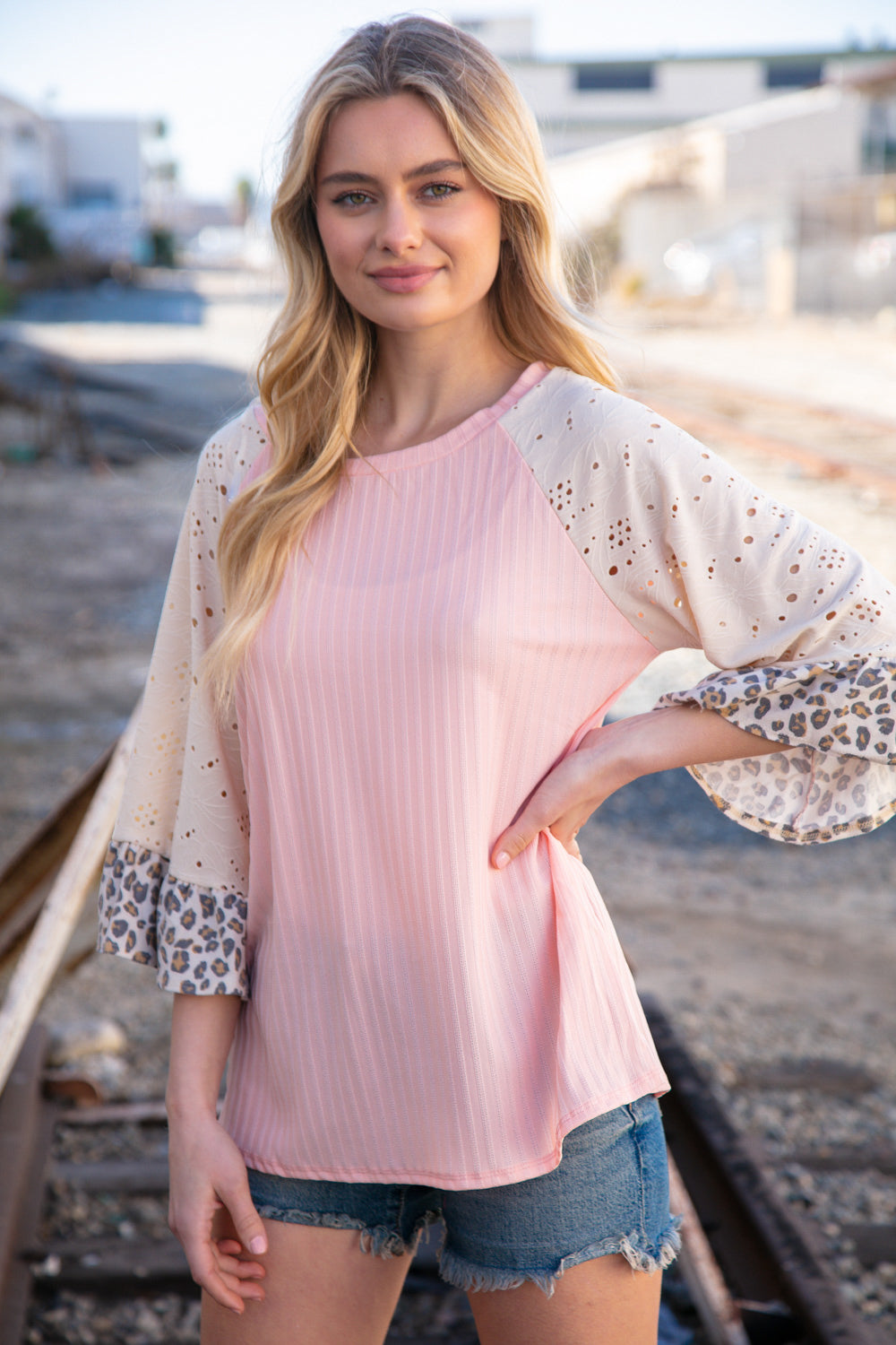 Blush Rib Eyelet Leopard Print Ruffle Bell Sleeve Top