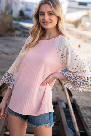 Blush Rib Eyelet Leopard Print Ruffle Bell Sleeve Top