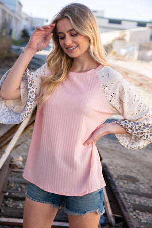 Blush Rib Eyelet Leopard Print Ruffle Bell Sleeve Top