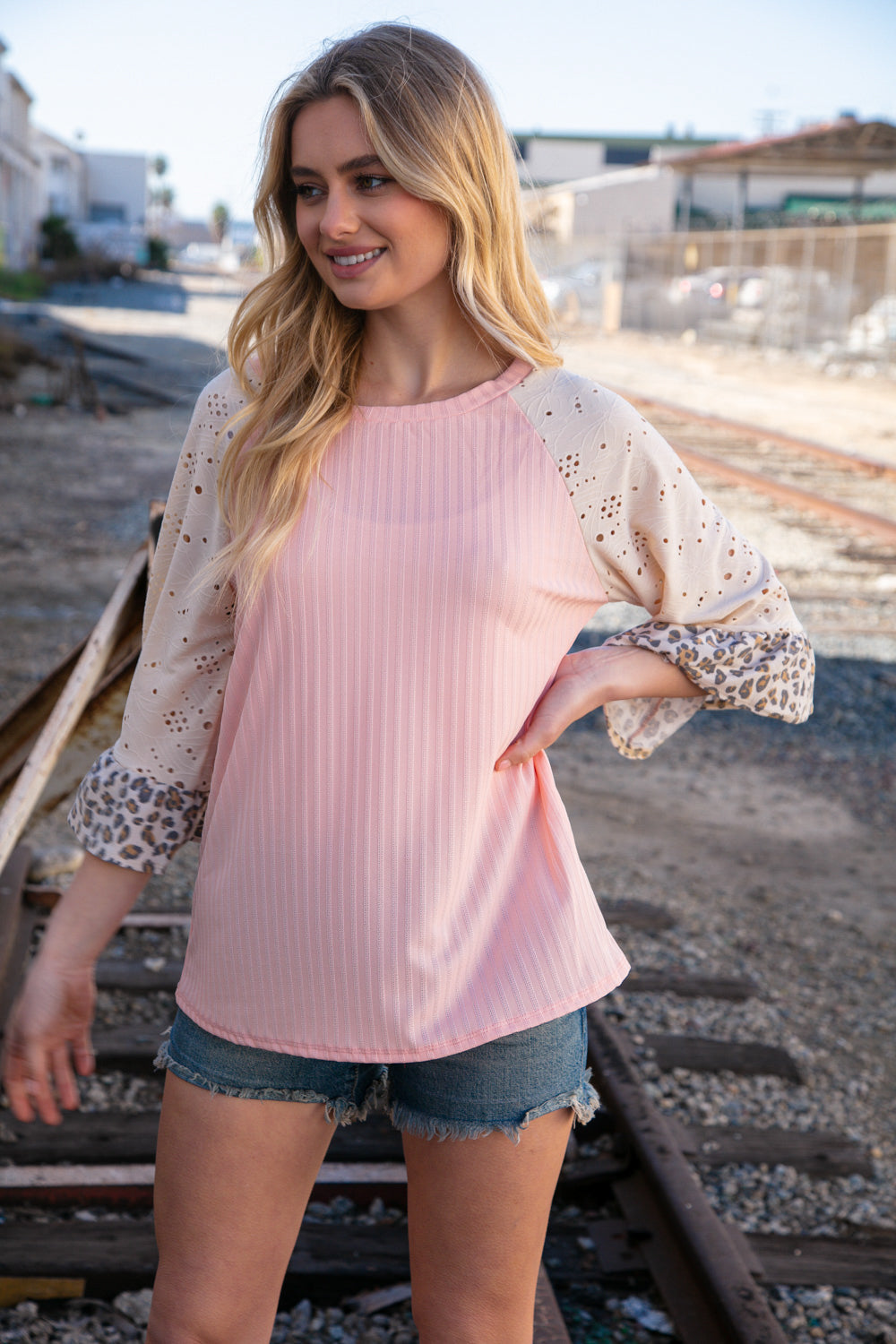 Blush Rib Eyelet Leopard Print Ruffle Bell Sleeve Top