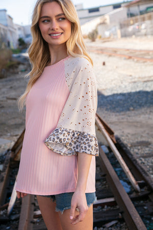 Blush Rib Eyelet Leopard Print Ruffle Bell Sleeve Top