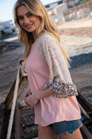 Blush Rib Eyelet Leopard Print Ruffle Bell Sleeve Top