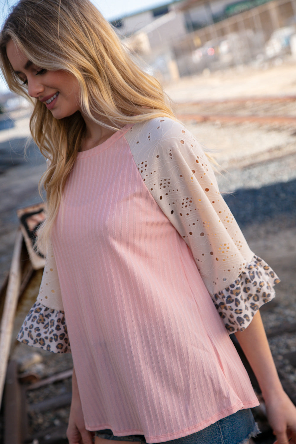 Blush Rib Eyelet Leopard Print Ruffle Bell Sleeve Top