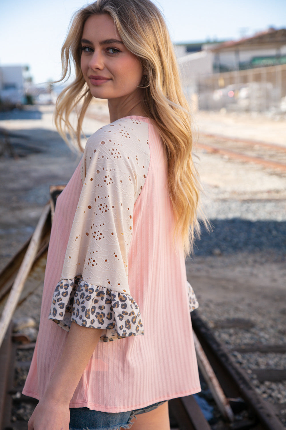 Blush Rib Eyelet Leopard Print Ruffle Bell Sleeve Top