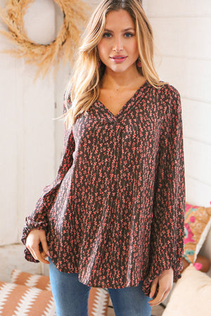 Mocha V Neck Small Floral Wool Dobby Top