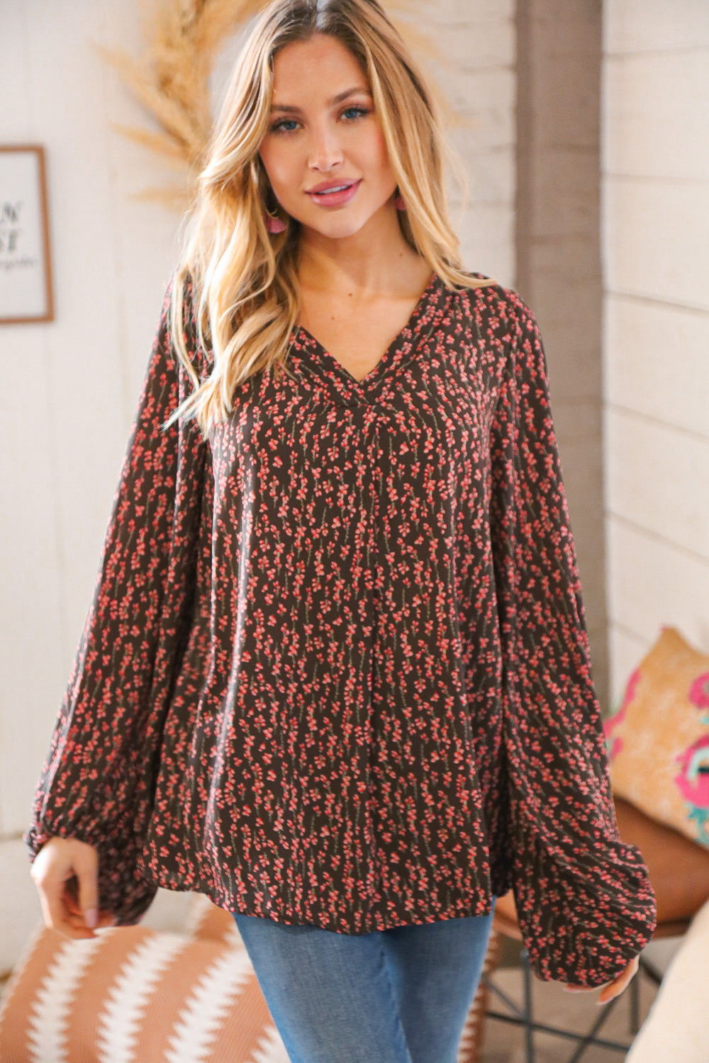 Mocha V Neck Small Floral Wool Dobby Top