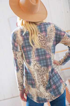 Oatmeal & Teal Rib Leopard and Plaid Patchwork Pullover