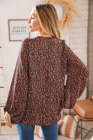 Mocha V Neck Small Floral Wool Dobby Top