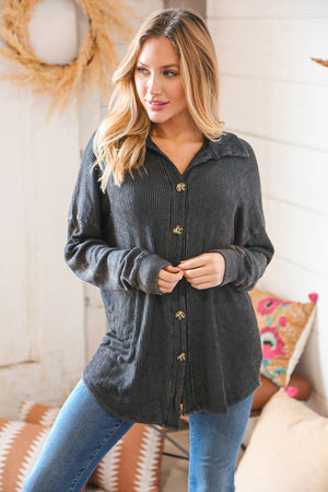 Charcoal Rib Garment Dye Wash Button Down Jacket