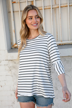 Black Yarn Dye Stripe Elbow Length Ruffle Sleeve Top