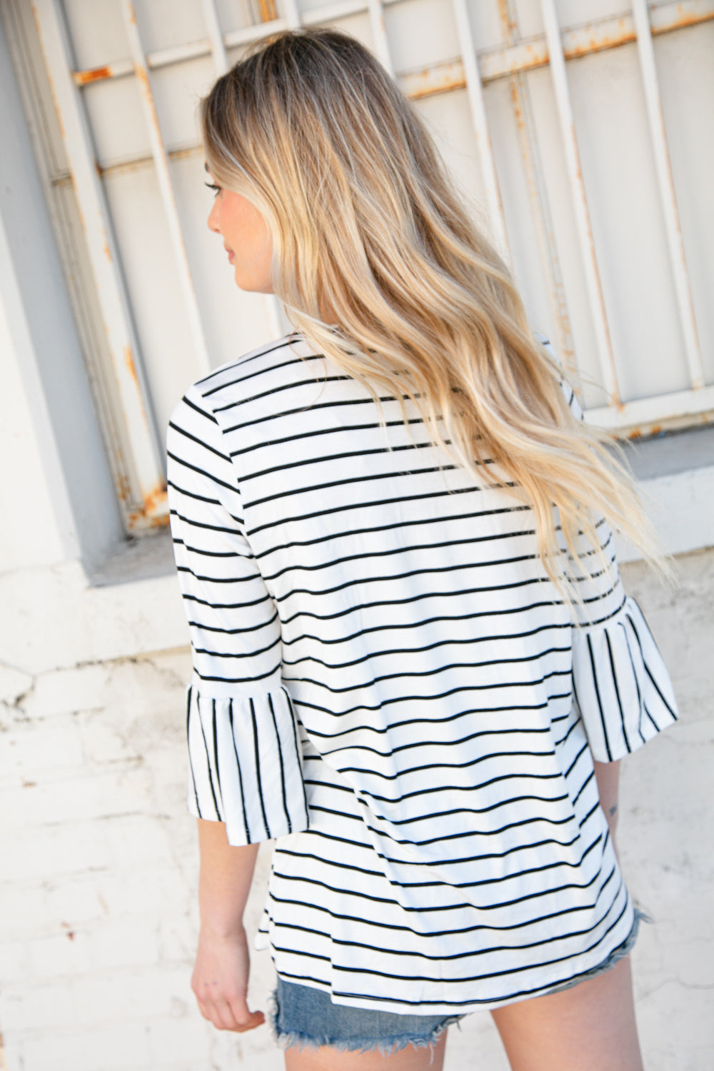 Black Yarn Dye Stripe Elbow Length Ruffle Sleeve Top