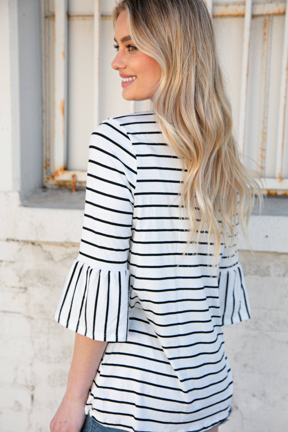 Black Yarn Dye Stripe Elbow Length Ruffle Sleeve Top