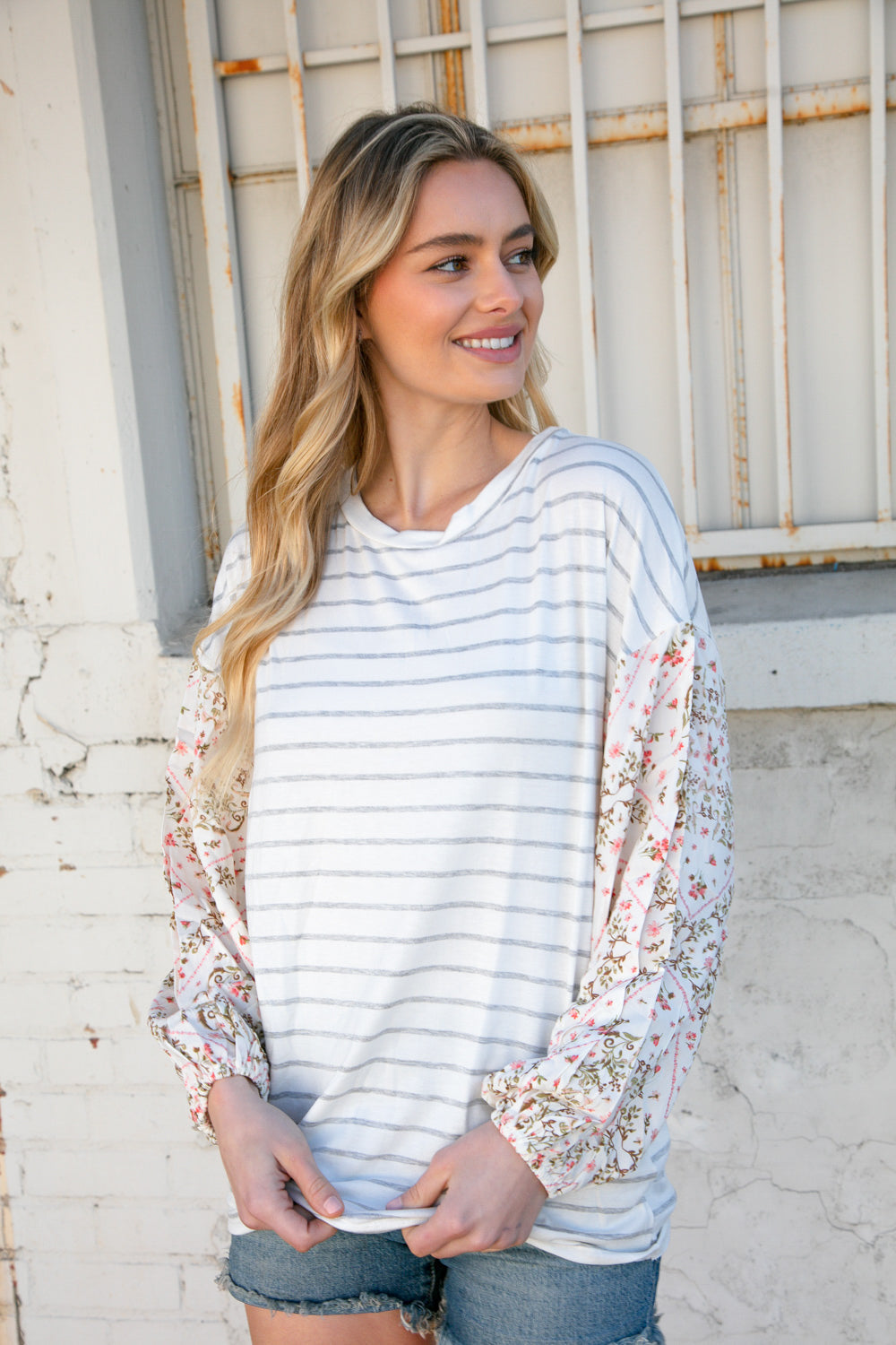 Stripe & Challis Floral Scarf Print Drop Sleeve Top