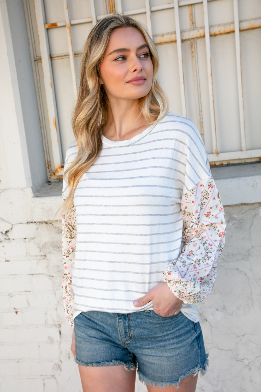 Stripe & Challis Floral Scarf Print Drop Sleeve Top