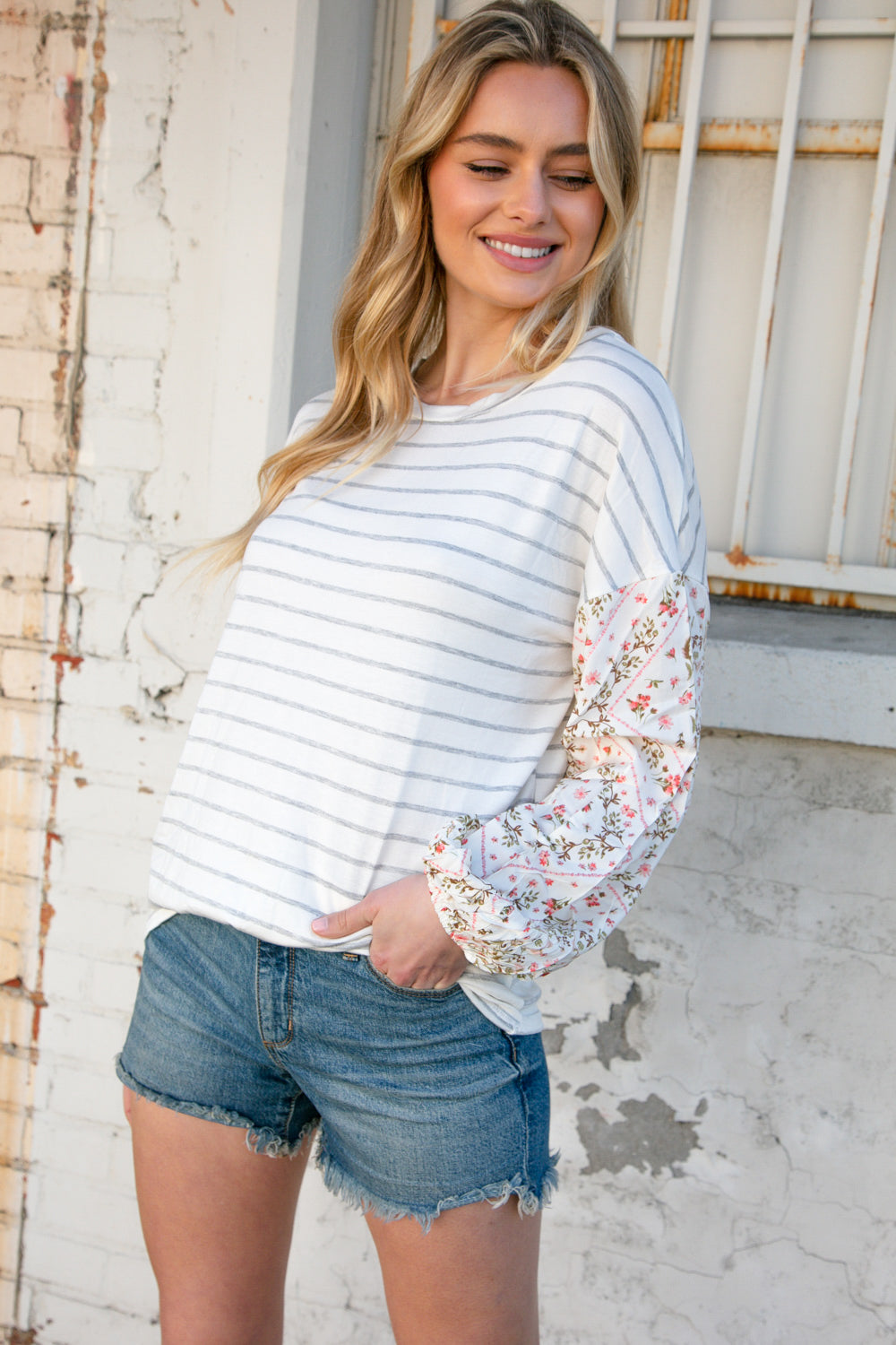 Stripe & Challis Floral Scarf Print Drop Sleeve Top