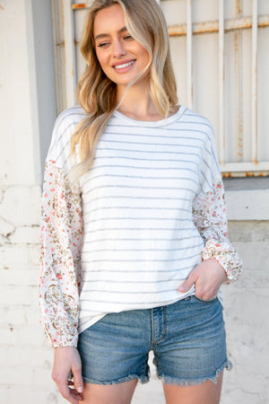 Stripe & Challis Floral Scarf Print Drop Sleeve Top