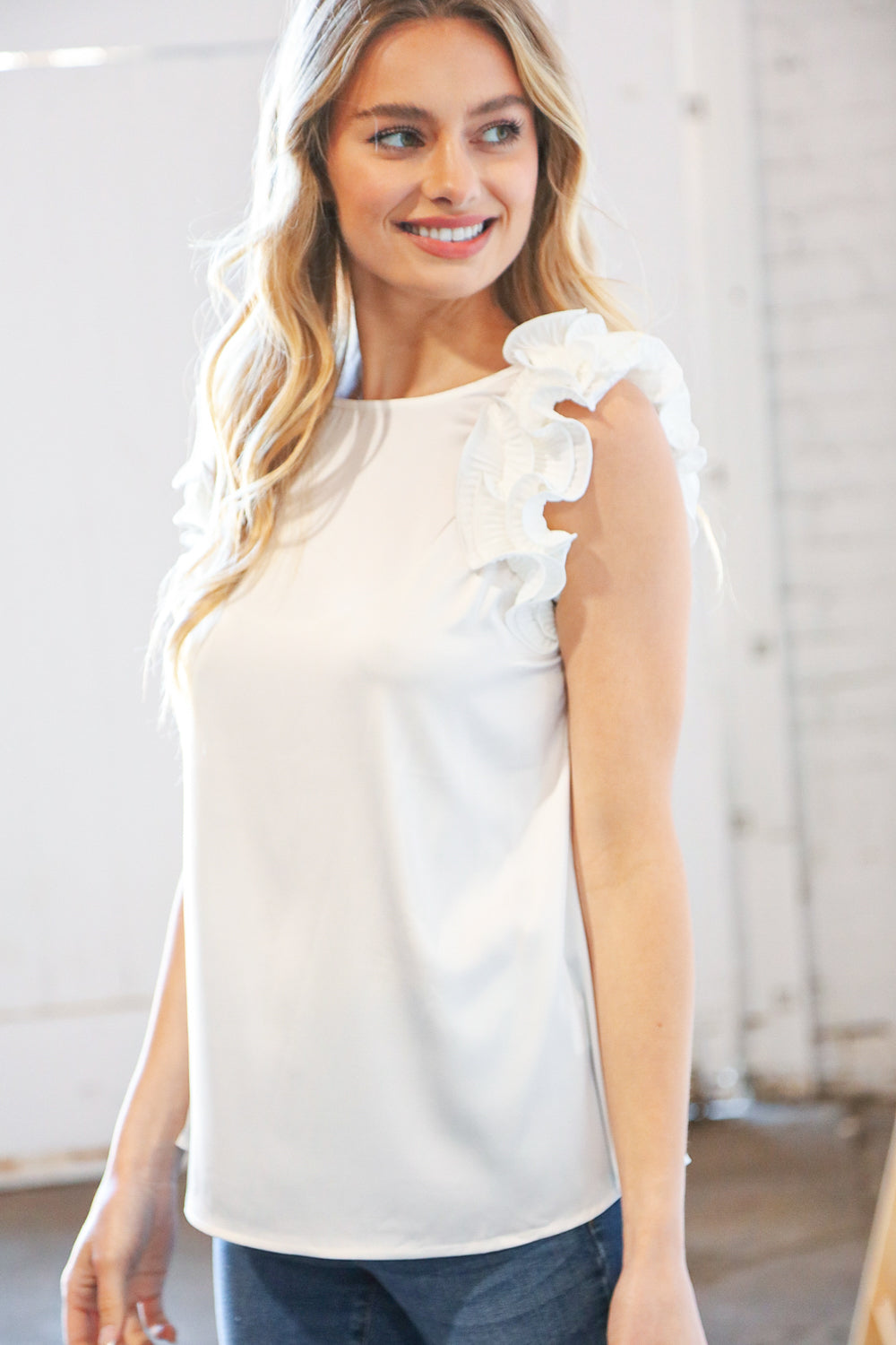 White Satin Frill Shoulder Blouse