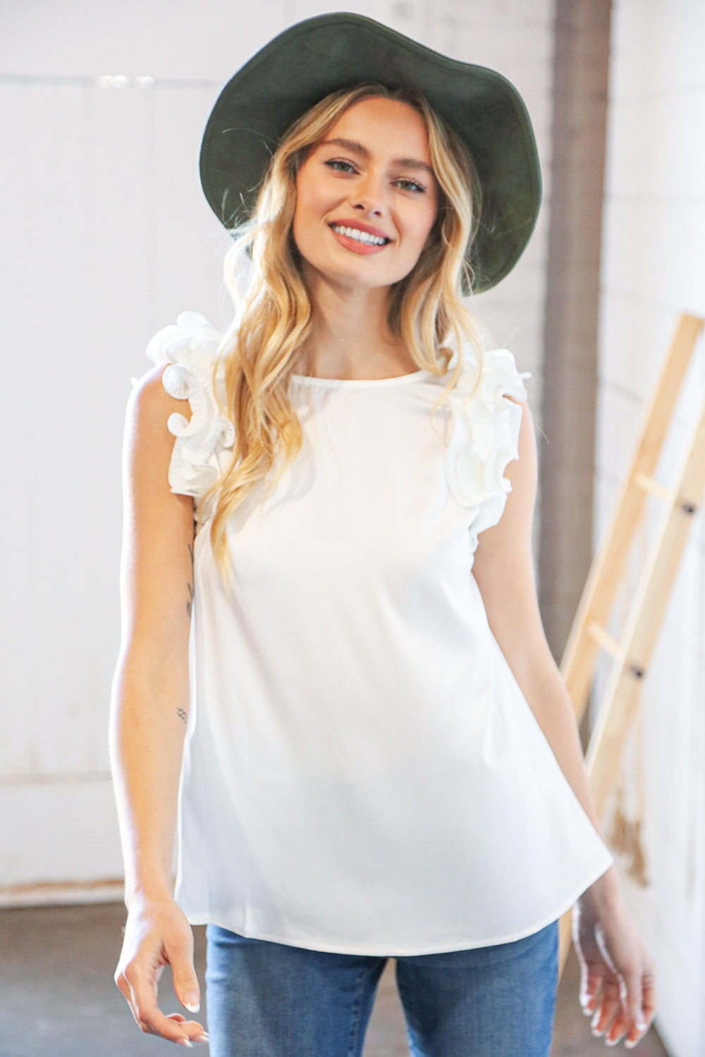 White Satin Frill Shoulder Blouse