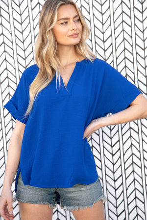 Cobalt Blue Banded V Neck Ruched Cuff Sleeve Top