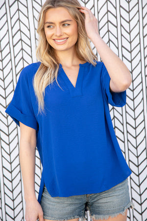 Cobalt Blue Banded V Neck Ruched Cuff Sleeve Top