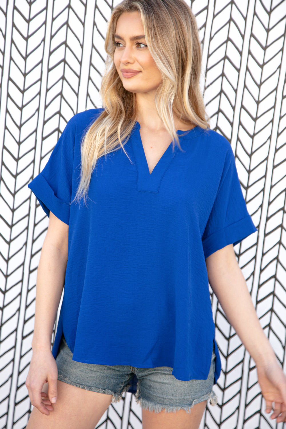 Cobalt Blue Banded V Neck Ruched Cuff Sleeve Top