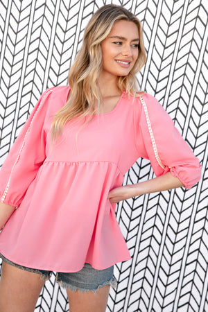 Coral Babydoll Bubble Sleeve Pom-Pom Lace Top