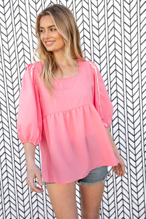 Coral Babydoll Bubble Sleeve Pom-Pom Lace Top